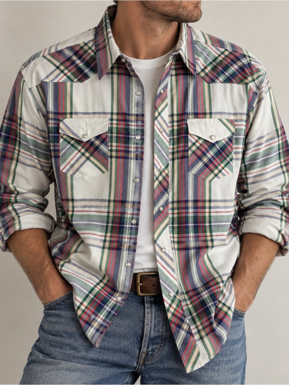 Wrangler Vintage Western Pearl Snap Plaid Shirt Cowboy Ranchwear